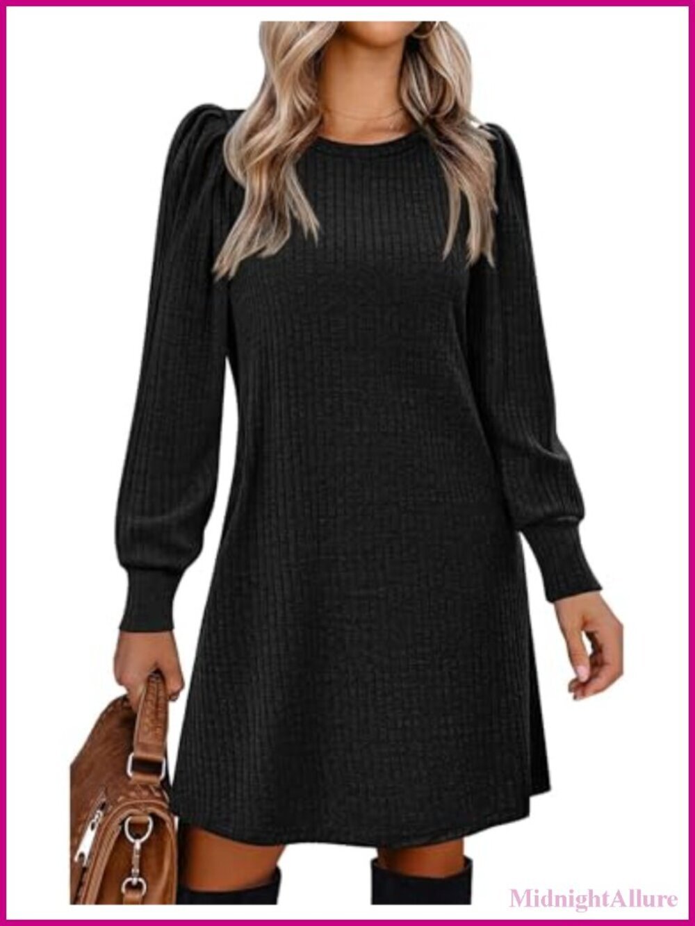 Knitted Long Sleeve Puff Sleeve Tunic Dress with Pockets